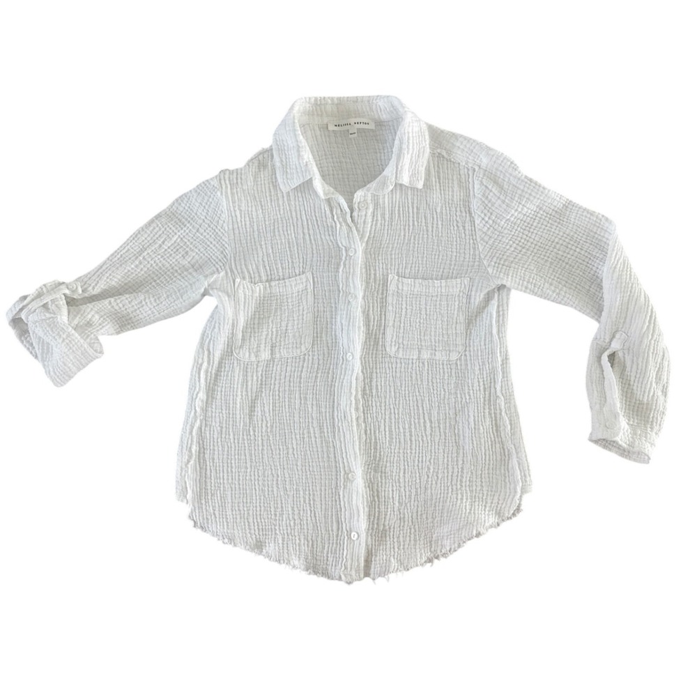 Melissa Nepton Jessi Shirt Womens XS White Gauze Cotton Button Up Roll Tab